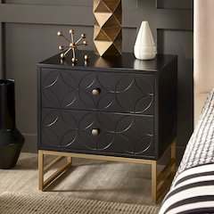 Vulcan Black Finish Arched Diamond Pattern Nightstand With Gold Metal Base