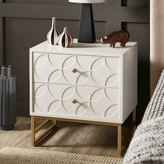 White Finish Arched Diamond Pattern Nightstand With Gold Metal Base