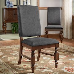 Set of 2, Burnished Dark Oak Finish Dark Grey Linen Side Chair