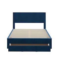 Blue Pleated Velvet Storage Queen Bed