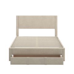 Beige Pleated Velvet Storage Queen Bed