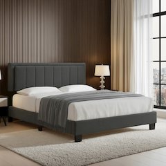 Black Finish Charcoal Boucle Queen Bed With LED Channel Headboard