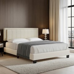 Black Finish Cream Boucle Queen Bed With LED Channel Headboard