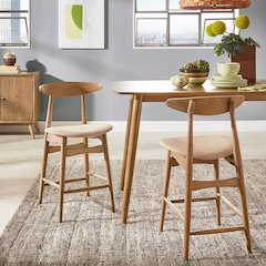 Set of 2, Nature Finish Beige Fabric Counter Height Chair