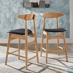 Set of 2, Nature Finish Black PU Counter Height Chair