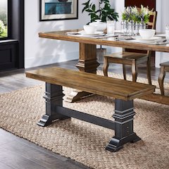 Two-Tone Oak And Antique Denim Finish Dining Bench With Trestle Leg