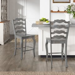Set of 2, Antique Grey Finish French Ladder Back Counter Height Chair