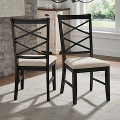 Set of 2, Antique Black Finish Double Cross Back Sand Fabric Dining Chair