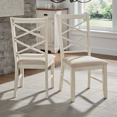 Set of 2, Antique White Finish Double Cross Back Sand Fabric Dining Chair