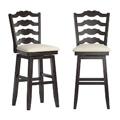 Antique Black Finish French Ladder Back Swivel Chair W/ Beige Linen Seat