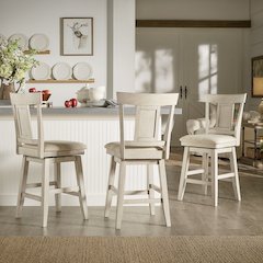 Antique White Finish Panel Back  Swivel Chair W/ Beige Linen Seat