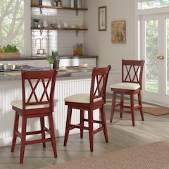 Antique Berry Finish Double X Back Swivel Chair W/ Beige Linen Seat