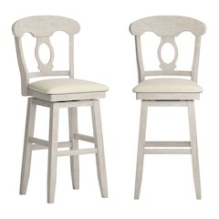 Antique White Finish Napoleon Back Swivel Chair W/ Beige Linen Seat