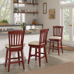 Antique Berry Finish Spindle Back Swivel Chair W/ Beige Linen Seat