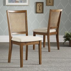 Set of 2, Oak Finish Beige Linen Synthetic Rattan Back Dining Chair