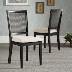 Set of 2, Antique Black Finish Beige Linen Synthetic Rattan Back Dining Chair