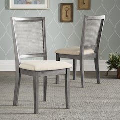 Set of 2, Antique Grey Finish Beige Linen Synthetic Rattan Back Dining Chair