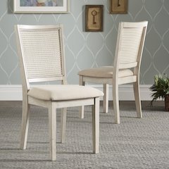 Set of 2, Antique White Finish Beige Linen Synthetic Rattan Back Dining Chair