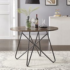 Distressed Walnut Finish Round Dining Table With Black Iron Legs