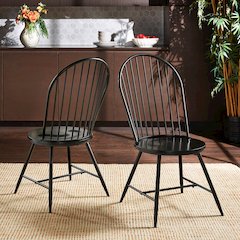 Set of 2, Black Finish Metal Hoop Back Windsor Side Chair With Wood Seat