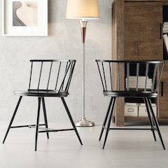 Set of 2, Black Finish Metal Low Back Windsor Side Chair With Wood Seat