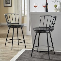 Set of 2, Black Finish Low Back Windsor Counter Height Chair