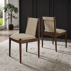 Set of 2, Walnut Finish Sand Heathered Weave Dining Chair