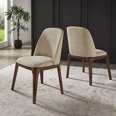 Set of 2, Walnut Finish Curved Back Sand Heathered Weave Dining Chair