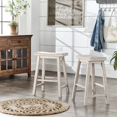 Set of 2, Antique White Finish Saddleback Counter Height Stool
