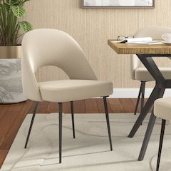 Set of 2, Iron Grey Finish Metal Beige Herringbone Fabric Dining Chair