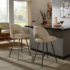 Set of 2, Iron Grey Finish Metal Beige Fabric Swivel Counter Height Chair