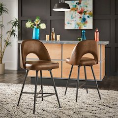 Set of 2, Iron Grey Finish Metal Brown PU Swivel Counter Height Chair