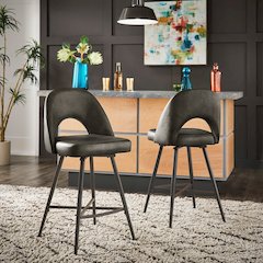 Set of 2, Iron Grey Finish Metal Dark Grey PU Swivel Counter Height Chair