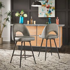 Set of 2, Iron Grey Finish Metal Light Grey PU Swivel Counter Height Chair