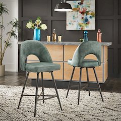 Set of 2, Iron Grey Finish Metal Teal PU Swivel Counter Height Chair