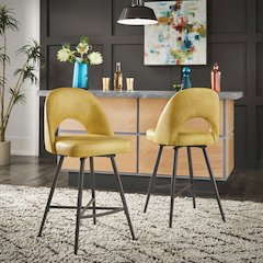 Set of 2, Iron Grey Finish Metal Yellow PU Swivel Counter Height Chair