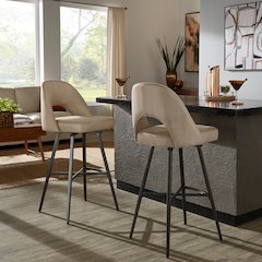 Set of 2, Iron Grey Finish Metal Beige Herringbone Swivel Bar Height Chair