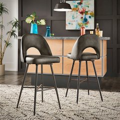 Set of 2, Iron Grey Finish Metal Dark Grey PU Swivel Bar Height Chair