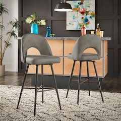 Set of 2, Iron Grey Finish Metal Light Grey PU Swivel Bar Height Chair
