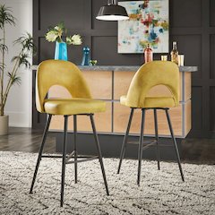 Set of 2, Iron Grey Finish Metal Yellow PU Swivel Bar Height Chair