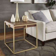 Natural Finish Square End Table With Gold Metal Base