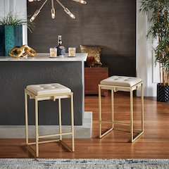Set of 2, Gold Finish Beige Velvet Counter Height Stool