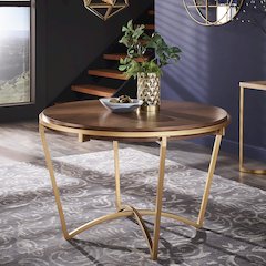 Natural Finish Dining Table With Gold Metal Base
