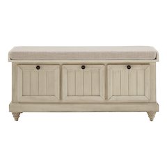 Antique White Finish Storage Bench With Beige Linen Cushion