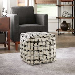 Cube Pouf With Ivory & Black Plaid Pattern Fabric