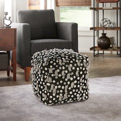 Cube Pouf With Black White & Grey Poker Dot Pattern Fabric With Fringe