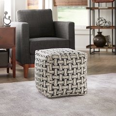 Cube Pouf With White & Black Weaved Pattern Fabric