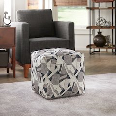 Cube Pouf With Blue & Grey Tone Geometric Pattern Fabric
