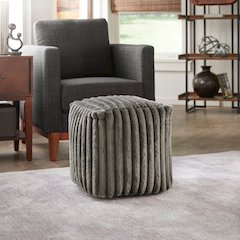 Cube Pouf With Dark Grey Channel Furry Fabric