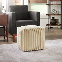 Cube Pouf With Taupe Channel Furry Fabric